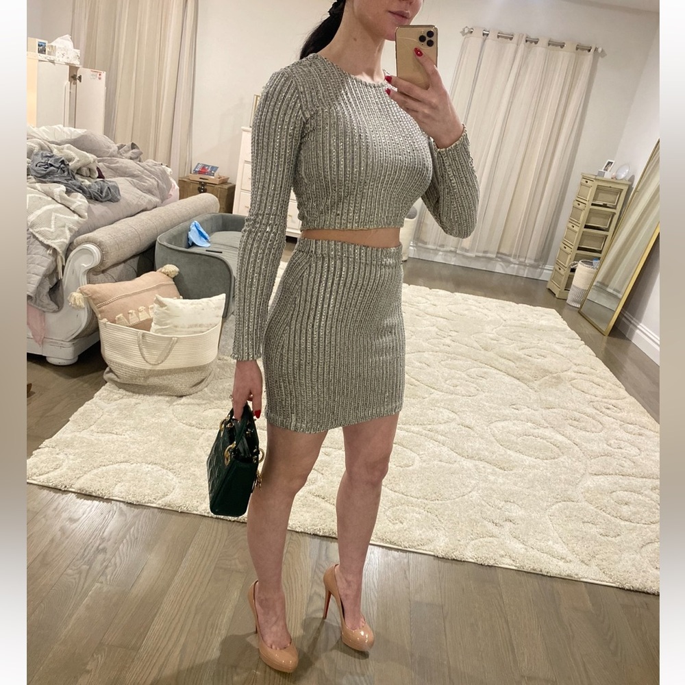 NBD Metallic Silver gold Ribbed Skirt Set